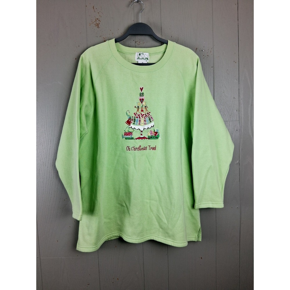 Quacker Factory XMAS Sweatshirt Womens 1X Green Oh Christmas Tree Fun‎ Granny